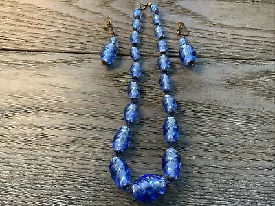 Vtg. Italian Murano Glass Blue Swirl Oval Bead Necklace Earrings Set Brass WOW!! • $50