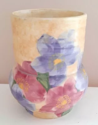 E Radford Burslem Art Deco Ribbed Vase Red & Blue Flowers H5in 13cm Signed 69 CJ • £19.99