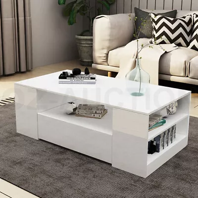 Extra Length 120cm Coffee Table Storage Shelf High Gloss Wooden 2 Drawers White • $189.95