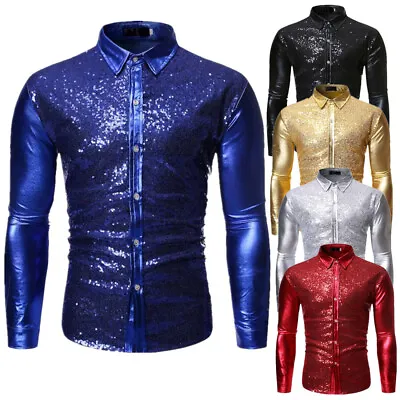 Men's Sparkly Sequins Button Down Dress Shirt Disco Shirt Party Clubwear Tops • $22.38