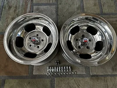 VINTAGE PAIR (2) 15x8.5 POLISHED ANSEN SPRINT MAGS 4 3/4 CHEVY CAR MISMATCHED • $399.99