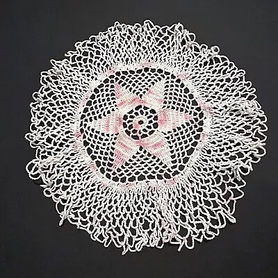 Vintage Crocheted Doily Pink White Flower Floral Star 12  Hot Pad Trivet • $12.99