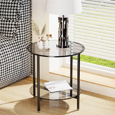 2-Tier Round Side Table Modern Metal & Glass End Table Cocktail Tables W/ Shelf • $49.92