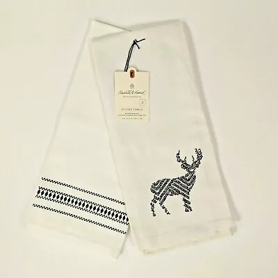 Hearth And Hand Magnolia REINDEER Kitchen Towel Set Sour Cream+Black Embroidery • $18.95