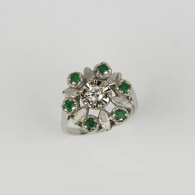 Vintage 14k White Gold Emerald Diamond Womens Flower Ring Size 7.75 • $499