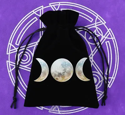 Black Velvet Gift Bag / Tarot Bag With Triple Moon Phase Design • £3.99