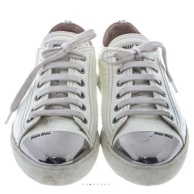 MIU MIU White Patent Leather Metal Cap Toe Sneakers Shoes Slip On UK 3.5 4/ 36.5 • £50