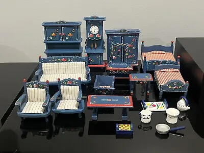 Albert E  Wooden Blue Painted Mini Doll Furniture And Pottery Huge Lot Excellent • $135