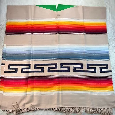 Vintage Southwestern Mexican Woven Wool Serape Blanket Poncho Rug • $34.88