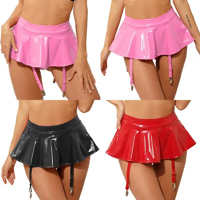 Womens Miniskirt Shiny Skirts Pole Clubwear A-Line Garter Belt Faux Leather PVC • $13.10