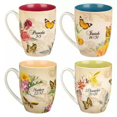 Novelty Floral Ceramic Scripture Coffee & Tea  4 Fancy Medium 12 Oz. Cups • $25.70