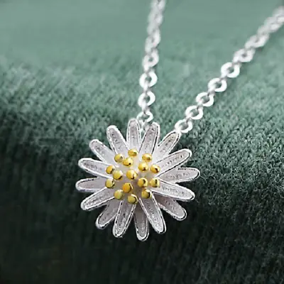 925 Sterling Silver 2 Tone Daisy Flower Pendant Necklace 17.7  Women Girl Gift • £3.68