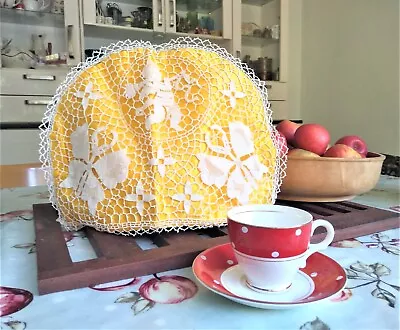 £10.99 • Buy Vintage 1940s Handmade Tea Cosy Large Decorative Yellow Satin Ivory Crochet Lace