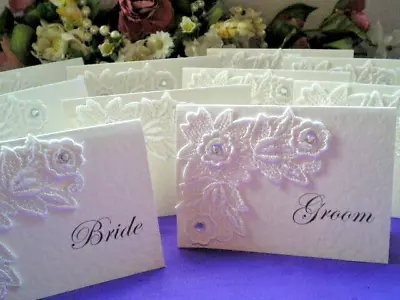 10 X BLANK WEDDING PLACE CARDS TENT STYLE LACE APPLIQUE DIAMANTE • £4
