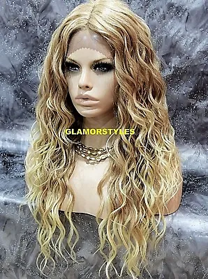 Lace Front Full Wig Long Spiral Curl Layered Middle Part Medium Blonde Heat Ok • $79.84