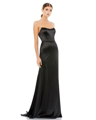 Mac Duggal Charmeuse Rhinestone Strap Trumpet Satin Gown Black Size 4 • $77.99