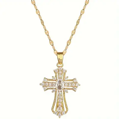 18K Gold Plated Luxury Vintage Rhinestone Cross Pendant Necklace Jewelry Gift • $12.98