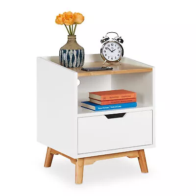 Bedside Table White Wooden Legs Bed Table Night Dresser Night Console Drawer 50 Cm • £47.87