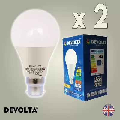 2 X DEVOLTA 10W LED (60W/100W) ES B22 GLS Lamp Light Bulbs Cool Day White A+ • £5.99