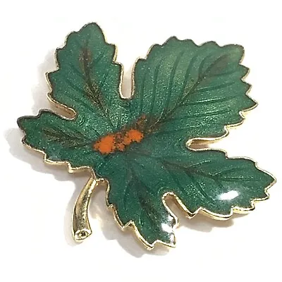 VINTAGE Green Enamel Maple Leaf PIN Gold Tone ORANGE SPOTS Autumn Brooch FOLIAGE • $11.95