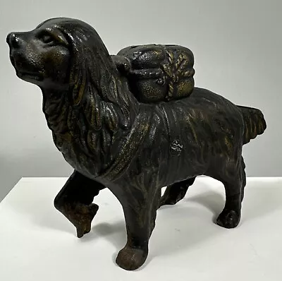 Vintage Antique Cast Iron ST. BERNARD RESCUE DOG Iron COIN Penny BANK With PACK • $19.99