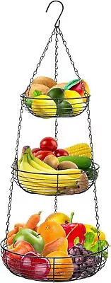 Heavy Duty 3-Tier Hanging Fruit And Vegetable Basket 2 Metal Ceiling Hooks Black • $39