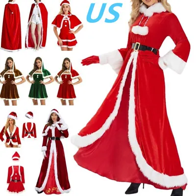 US Women's Christmas Mrs Santa Claus Costume Xmas Velvet Dress Cape Robe OutfiI • $12.99