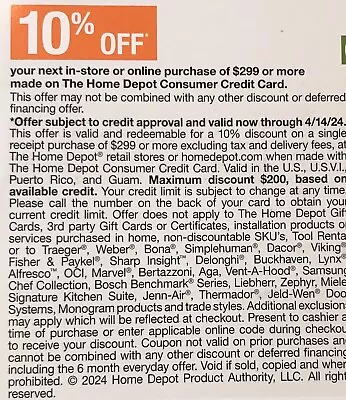 Home Depot Coupon 10% Off Coupon- In-Store Or Online  Exp 04/14/24 Fast Delivery • $17.50