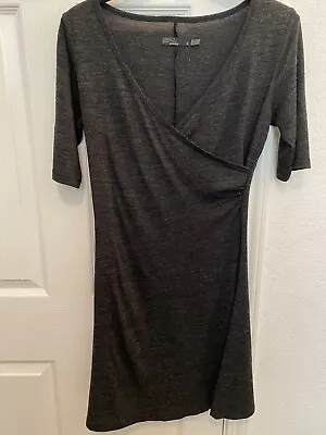 PRANA Women’s Nadia Dress Sz S Charcoal Gray Faux Wrap V-Neck  1/2 Sleeve EUC • $24