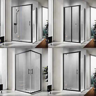 Black Frame Shower Enclosure And Tray Sliding/Bi Fold/Pivot Door Glass Cubicle • £126.99