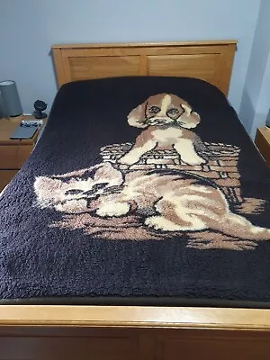 £34.99 • Buy Vintage Merino Wool Blanket With Cute Puppy And Kitten Plain On Reverse German 