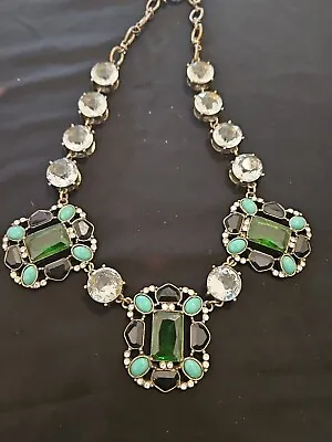 J Crew Grand Stone Crystal Necklace Green Black Clear Aqua Gold Multicolor • $18