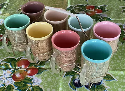 8 Raffiaware Insulated Melmac Burlap Plastic Mugs + Carrier Handle Retro Vintage • $75