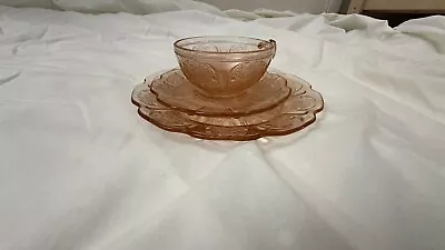 Vintage Jeannette Glass Pink Cherry Blossom Tea Cup Set And Dessert Plate. • $10