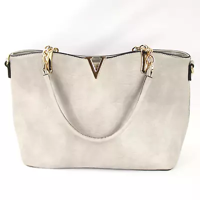 Large Purse Gray Faux Leather Zipper Opening Brass Accents By Vieta • $30
