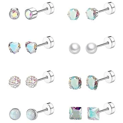 8 Pairs Titanium Surgical Steel Earrings For Women Men Hypoallergenic Flat Back • $19.80