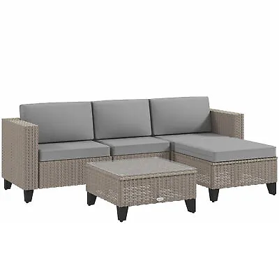 Outsunny 5 PCs Rattan Garden Furniture Set With Glass Coffee Table Brown • £299.99