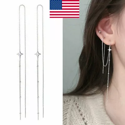 Women 925 Silver Star Dangle Hanging Thread Long Line Dangle Threader Earrings • $1.59