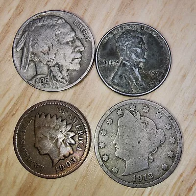$6.97 • Buy Lot Of 4 U.S. Type Coins Buffalo & Liberty V Nickel Steel Wartime & Indian Cent