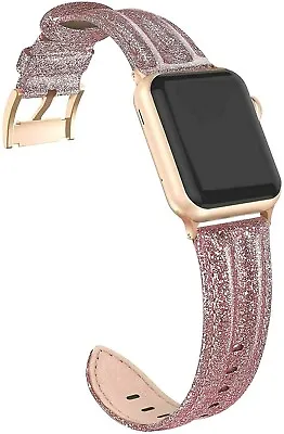 Leather Band Compatible With Apple Watch 38mm 40mm Genuine Leather -Glitter Pink • $19.17