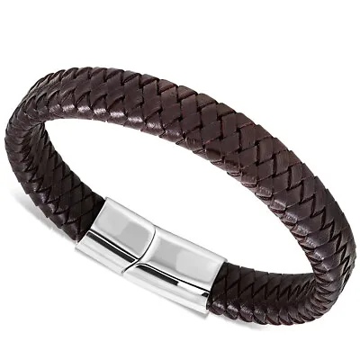 Stainless Steel Silver-Tone Brown Braided Leather Mens Cuff Bracelet • $19.99