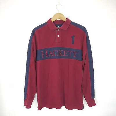 Hackett Rugby Shirt Polo Spellout Classic Fit Cherry Burgundy Navy Blue Size M • £1.20