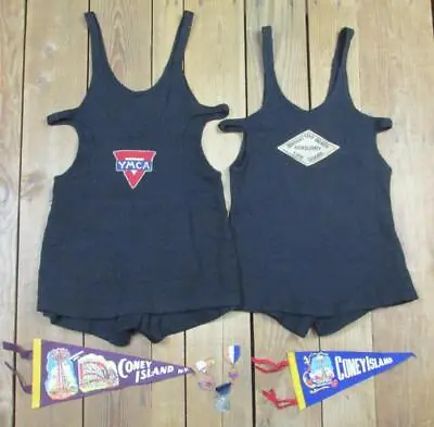 Vintage 1920s Wool Swimsuits Pair Antique Bathing Suits Lifeguard YMCA Patches + • $495
