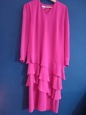 Vintage 80s Helenel Pink Frill Ruffle Rara Long Sleeve Boxy Dress Sz 16 • £26.75