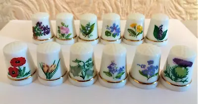 £14.99 • Buy Set Of 12 X FLOWERS Thimbles. Fine Bone China *VGC MUM Poppy Thistle