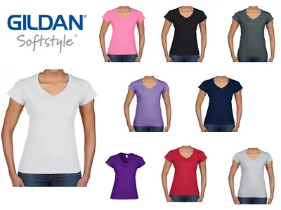 £5.99 • Buy Gildan/Sols Softstyle Ladies V-Neck T-Shirt Casual Plain Soft Cotton Tee Shirt