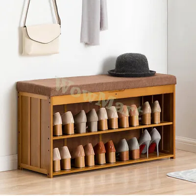 $59.95 • Buy Bamboo Hallway Cushion Shoe Rack Bench Cabinet Bed End Ottoman 2-3 Tier 60-90cm