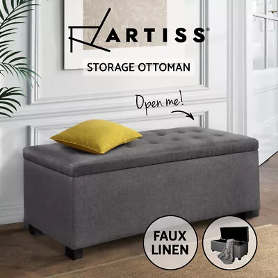 Artiss Storage Ottoman Blanket Box Bench 97cm Linen Chest Foot Stool Grey • $101.95