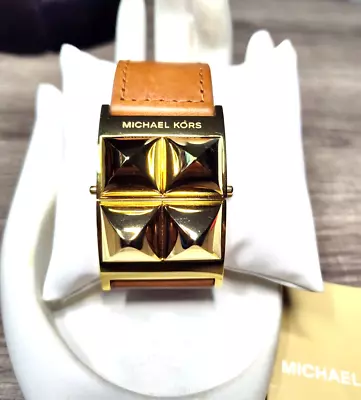 Michael Kors 14K Gold Plated Pyramids Wide Leather Cuff Bracelet Exlnt Condition • $85