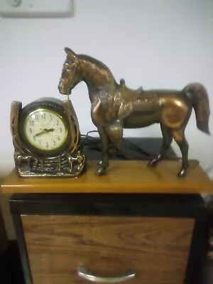 Vtg Horse Lanshire Mantle Clock Figure Brass Metal Wood Base Electric Works! • $85